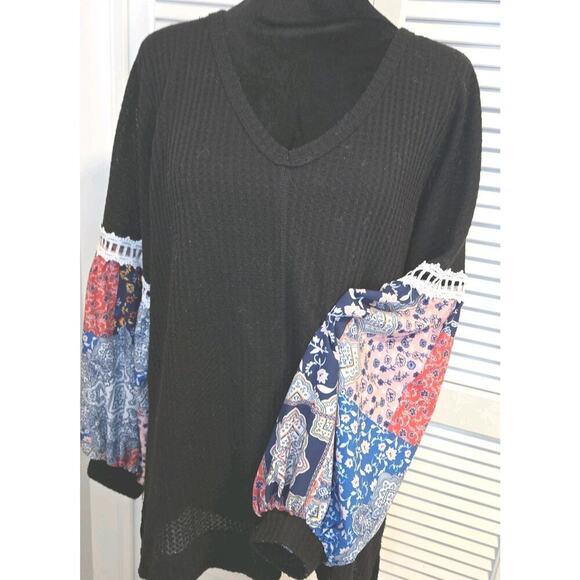 Miholl LARGE BLACK Waffle Knit Pullover V-Neck Statement Sleeve Boho Crochet - Picture 2 of 10